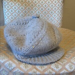 Gray Knit Beret with Rhinestones
